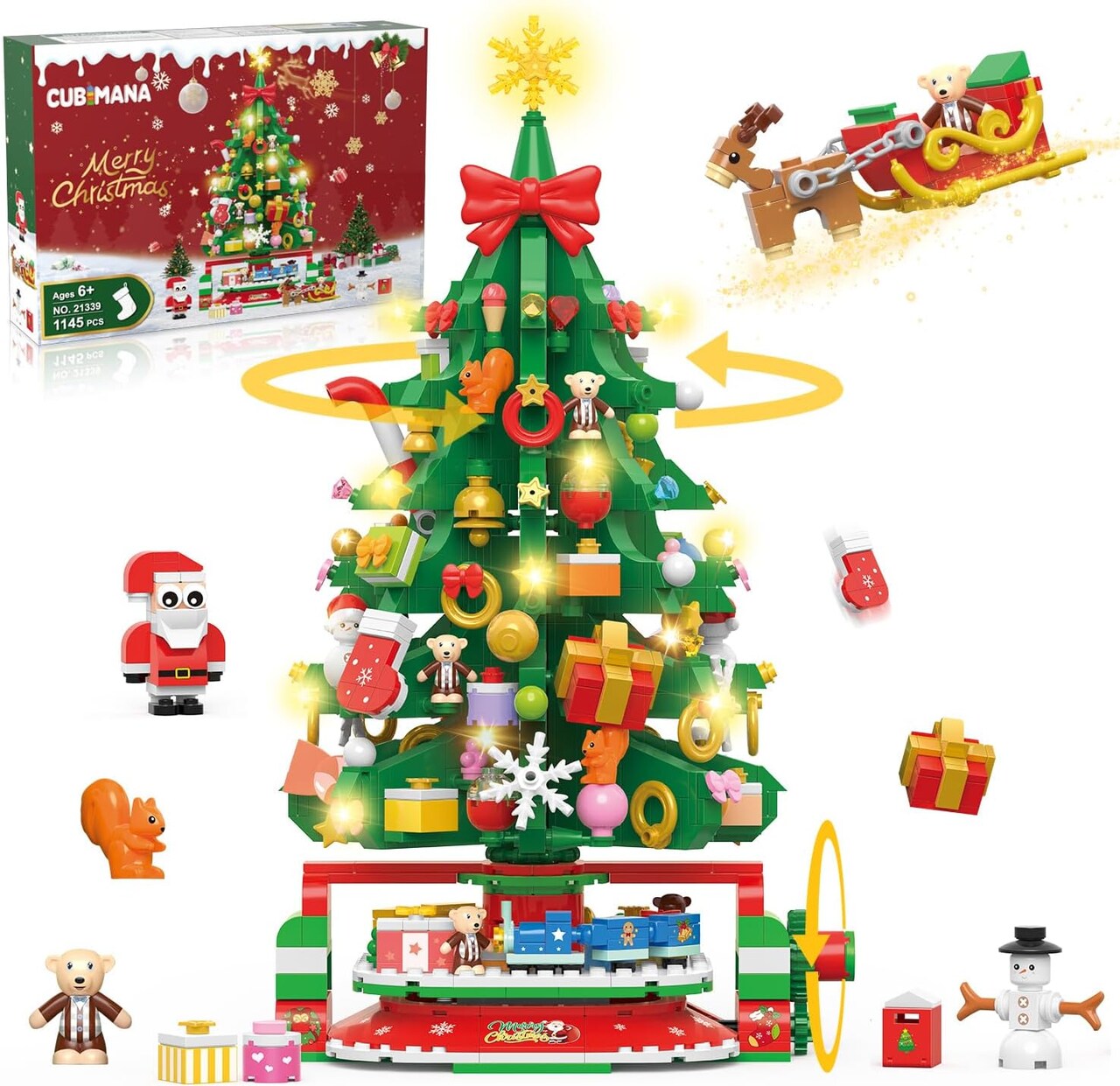 Rotating Christmas Tree Mini Building Set with LED Light - 1145PCS Christmas Building Blocks with Santa Snowman Rotatable Train Xmas Tree Home Decor 2024 for Adults Kids 10+